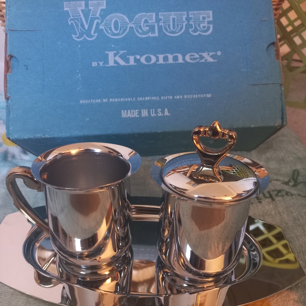 Vintage 1963 Kromex Vogue Creamer and Sugar Set w/Tray New Old Stock READ